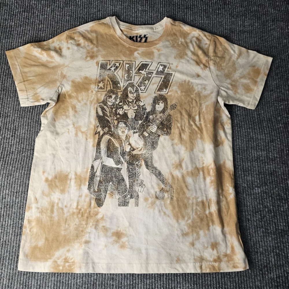 KISS Shirt Mens Large Beige Tie Dye Band Graphic Tee Rock Music Logo Concert
